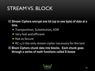 STREAM VS. BLOCK
 Stream Ciphers encrypt one bit (up to one byte) of data at a
time.
 Transposition, Substitution, XOR
 Very fast and efficient
 Not as Secure
 RC-4 is the only stream cipher necessary for the test
 Block Ciphers chunk data into blocks. Each chunk goes
through a series of math functions called S-boxes
180
 