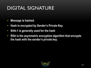 DIGITAL SIGNATURE
• Message is hashed.
• Hash is encrypted by Sender’s Private Key.
• SHA-1 is generally used for the hash
• RSA is the asymmetric encryption algorithm that encrypts
the hash with the sender’s private key.
202
 