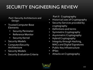SECURITY ENGINEERING REVIEW
Part I Security Architecture and
Design:
• Trusted Computer Base
Elements
• Security Perimeter
• Reference Monitor
• Security Kernel
• Security Models
• Computer/Security
Architecture
• Security Models
• Security Evaluation Criteria
222
Part II Cryptography
• Historical uses of Cryptography
• Security Services provided by
cryptography
• Definitions and terms
• Symmetric Cryptography
• Asymmetric Cryptography
• Hybrid Cryptography
• Integrity through Hashing,
MACs and Digital Signatures
• Public Key Infrastructure
• IPSec
• Attacks on Cryptography
 