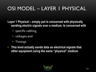 OSI MODEL – LAYER 1 PHYSICAL
Layer 1 Physical – simply put is concerned with physically
sending electric signals over a medium. Is concerned with
• specific cabling,
• voltages and
• Timings
• This level actually sends data as electrical signals that
other equipment using the same “physical” medium
229
 