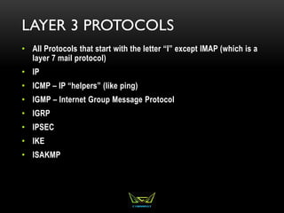 LAYER 3 PROTOCOLS
• All Protocols that start with the letter “I” except IMAP (which is a
layer 7 mail protocol)
• IP
• ICMP – IP “helpers” (like ping)
• IGMP – Internet Group Message Protocol
• IGRP
• IPSEC
• IKE
• ISAKMP
 