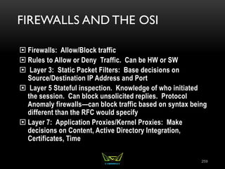 FIREWALLS AND THE OSI
 Firewalls: Allow/Block traffic
 Rules to Allow or Deny Traffic. Can be HW or SW
 Layer 3: Static Packet Filters: Base decisions on
Source/Destination IP Address and Port
 Layer 5 Stateful inspection. Knowledge of who initiated
the session. Can block unsolicited replies. Protocol
Anomaly firewalls—can block traffic based on syntax being
different than the RFC would specify
 Layer 7: Application Proxies/Kernel Proxies: Make
decisions on Content, Active Directory Integration,
Certificates, Time
259
 