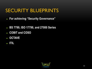 SECURITY BLUEPRINTS
 For achieving “Security Governance”
 BS 7799, ISO 17799, and 27000 Series
 COBIT and COSO
 OCTAVE
 ITIL
30
 