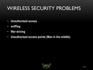 WIRELESS SECURITY PROBLEMS
• Unauthorized access
• sniffing
• War driving
• Unauthorized access points (Man in the middle)
307
 