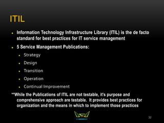 ITIL
 Information Technology Infrastructure Library (ITIL) is the de facto
standard for best practices for IT service management
 5 Service Management Publications:
 Strategy
 Design
 Transition
 Operation
 Continual Improvement
**While the Publications of ITIL are not testable, it's purpose and
comprehensive approach are testable. It provides best practices for
organization and the means in which to implement those practices
32
 