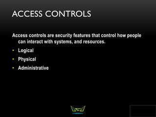 ACCESS CONTROLS
Access controls are security features that control how people
can interact with systems, and resources.
• Logical
• Physical
• Administrative
324
 