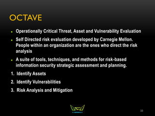 OCTAVE
 Operationally Critical Threat, Asset and Vulnerability Evaluation
 Self Directed risk evaluation developed by Carnegie Mellon.
People within an organization are the ones who direct the risk
analysis
 A suite of tools, techniques, and methods for risk-based
information security strategic assessment and planning.
1. Identify Assets
2. Identify Vulnerabilities
3. Risk Analysis and Mitigation
33
 