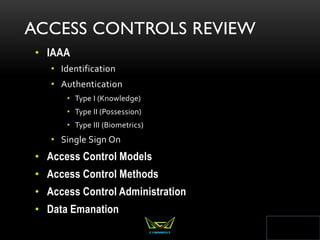 ACCESS CONTROLS REVIEW
• IAAA
• Identification
• Authentication
• Type I (Knowledge)
• Type II (Possession)
• Type III (Biometrics)
• Single Sign On
• Access Control Models
• Access Control Methods
• Access Control Administration
• Data Emanation
391
 