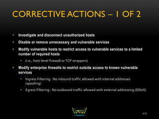 CORRECTIVE ACTIONS – 1 OF 2
• Investigate and disconnect unauthorized hosts
• Disable or remove unnecessary and vulnerable services
• Modify vulnerable hosts to restrict access to vulnerable services to a limited
number of required hosts
• (i.e., host-level firewall or TCP wrappers)
• Modify enterprise firewalls to restrict outside access to known vulnerable
services
• Ingress Filtering: No inbound traffic allowed with internal addresses
(spoofing)
• Egress Filtering : No outbound traffic allowed with external addressing (DDoS)
410
 