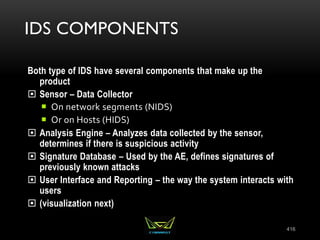 IDS COMPONENTS
Both type of IDS have several components that make up the
product
 Sensor – Data Collector
 On network segments (NIDS)
 Or on Hosts (HIDS)
 Analysis Engine – Analyzes data collected by the sensor,
determines if there is suspicious activity
 Signature Database – Used by the AE, defines signatures of
previously known attacks
 User Interface and Reporting – the way the system interacts with
users
 (visualization next)
416
 
