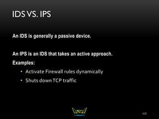 IDS VS. IPS
An IDS is generally a passive device.
An IPS is an IDS that takes an active approach.
Examples:
• Activate Firewall rules dynamically
• Shuts downTCP traffic
426
 