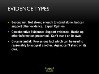 EVIDENCE TYPES
• Secondary: Not strong enough to stand alone, but can
support other evidence. Expert Opinion
• Corroborative Evidence: Support evidence. Backs up
other information presented. Can’t stand on its own.
• Circumstantial: Proves one fact which can be used to
reasonably to suggest another. Again, can’t stand on its
own.
 