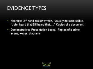 EVIDENCE TYPES
• Hearsay: 2nd hand oral or written. Usually not admissible.
“John heard that Bill heard that…..” Copies of a document.
• Demonstrative: Presentation based. Photos of a crime
scene, x-rays, diagrams.
 