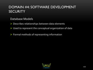494
DOMAIN #4: SOFTWARE DEVELOPMENT
SECURITY
Database Models
 Describes relationships between data elements
 Used to represent the conceptual organization of data
 Formal methods of representing information
 