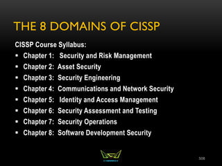 THE 8 DOMAINS OF CISSP
CISSP Course Syllabus:
 Chapter 1: Security and Risk Management
 Chapter 2: Asset Security
 Chapter 3: Security Engineering
 Chapter 4: Communications and Network Security
 Chapter 5: Identity and Access Management
 Chapter 6: Security Assessment and Testing
 Chapter 7: Security Operations
 Chapter 8: Software Development Security
508
 