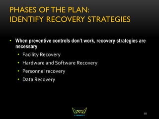 PHASES OF THE PLAN:
IDENTIFY RECOVERY STRATEGIES
• When preventive controls don’t work, recovery strategies are
necessary
• Facility Recovery
• Hardware and Software Recovery
• Personnel recovery
• Data Recovery
98
 