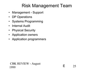 CBK REVIEW - August
1999 25E
Risk Management Team
• Management - Support
• DP Operations
• Systems Programming
• Internal Audit
• Physical Security
• Application owners
• Application programmers
 