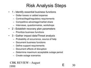 CBK REVIEW - August
1999 30E
Risk Analysis Steps
• 1 - Identify essential business functions
– Dollar losses or added expense
– Contract/legal/regulatory requirements
– Competitive advantage/market share
– Interviews, questionnaires, workshops
• 2 - Establish recovery plan parameters
– Prioritize business functions
• 3 - Gather impact data/Threat analysis
– Probability of occurrence, source of help
– Document business functions
– Define support requirements
– Document effects of disruption
– Determine maximum acceptable outage period
– Create outage scenarios
 