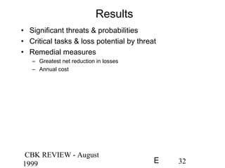CBK REVIEW - August
1999 32E
Results
• Significant threats & probabilities
• Critical tasks & loss potential by threat
• Remedial measures
– Greatest net reduction in losses
– Annual cost
 