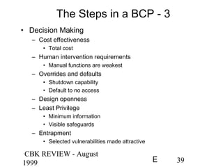 CBK REVIEW - August
1999 39E
The Steps in a BCP - 3
• Decision Making
– Cost effectiveness
• Total cost
– Human intervention requirements
• Manual functions are weakest
– Overrides and defaults
• Shutdown capability
• Default to no access
– Design openness
– Least Privilege
• Minimum information
• Visible safeguards
– Entrapment
• Selected vulnerabilities made attractive
 