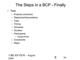 CBK REVIEW - August
1999 54E
The Steps in a BCP - Finally
• Test
– Purpose (scenario)
– Objectives/Assumptions
– Type
– Timing
– Schedule
– Duration
– Participants
• Assignments
– Constraints
– Steps
 