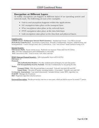 CISSP Combined Notes
Page 11 of 59
Email Security:
S/MIME (Secure Multipurpose Internet Mail Extensions): Standard mail format. Uses PKI to encrypt
PGP (Pretty Good Privacy): Asymmetric cryptosystem. Provides: Confidentiality, Integrity, Authentication, and
Nonrepudiation). Used to encrypt email, docs, or hard drives. Uses “web of trust” model instead of using a CA.
Internet Security:
SSH (Secure Shell): Secure remote access. Preferred over unsecure Telnet and Unix R-Utilities.
SSL: Provides Authentication and Confidentiality to web traffic
TLS: Successor to SSL. Used to secure: web, email, and chat
IPSEC (Internet Protocol Security): Add cryptographic layer to IPv4 & IPv6.
OSI Layer: 3
Protocols:
AH (Authentication Header): Provides Authentication & Integrity for each data packet
ESP (Encapsulating Security Payload): Provides Confidentiality by encrypting the data
Modes:
Transport Mode: Only the payload/data is encrypted. Typically uses both AH and ESP.
Tunnel Mode: The entire IP packet, including headers, is encrypted. Typically uses only ESP.
SA (Security Associations): 2 per tunnel (directional). Includes lifetime, mode, MTU, algorithm, etc.
ISAKMP: Manages the SA process
IKE: Negotiates algorithm selection process.
Escrowed Encryption: Divides private key into two or more parts, which are held in escrow by trusted 3rd
parties
 