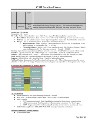 CISSP Combined Notes
Page 46 of 59
ISDN
1 Physical
HSSI
X.21
EIA/TIA
Converts bits into energy (voltage, light, etc.), and sends them across physical
medium. Controls synchronization, data rates, line noise, and media access
Devices and OSI Layers:
Computers: All 7 layers
Firewalls: Packet Filter & Stateful:= layers 3&4 | Proxy= layers 5-7 | Filter traffic between networks
Packet Filter: Simple, Fast. Each packet is viewed individually for filtering decisions (no state known)
Stateful: Use state table to compare current & previous packets. Slower than Packet Filter but more secure
Proxy: Act as an intermediary server. Connections terminate at the proxy
o Application-Layer Proxy: App layer | Must understand the protocol they are a proxy for, so one
is often required for each protocol (ex. FTP, HTTP)
o Circuit-Level Proxy: Session Layer | Less granular decisions than App-layer, because it doesn‟t
understand the protocol | Can filter many protocols | Example= SOCKS
Routers: Up to Network layer | Connect different networks | Use ACLs | Use IP addresses to route | Multi-homed
Switches: Typically Data Link, but can be on layer 3 or 4 | layer2=MAC, layer3=IP, layer4=policy-based
Bridges: Up to Data Link layer | Connect 2 LAN segments | Forward broadcast traffic, not collision data | MAC
Hubs: Physical layer only | multi-port repeaters/Concentrators | Uses MAC address for routing
Repeaters: Physical layer only | Amplifies Signal | Uses MAC address for routing
Sniffers (Protocol Analyzers): Sniff traffic on their LAN segment only. When bridges are used, a sniffer can see
all traffic on their side of the bridge. When a switch is used, they can see only traffic on their segment to the switch.
Comparing the OSI and TCP/IP Network Models:
TCP/IP Protocol:
Breaks information into pieces for transport through a network
Ports 0-1023 are Reserved (well known ports) | Ports 1024-65535 are ephemeral
Main Protocols:
o TCP (connection-oriented): Slow, Handshaking, sequencing, flow control, error correction
o UDP (connectionless): Fast, best delivery effort, no virtual connection. For “lossy” apps
o ICMP: Helper protocol for troubleshooting & reporting error conditions. Uses types & codes
TCP Handshaking Process: SYN, SYN/ACK, ACK (sets up a full-duplex connection)
IPv4 Network Classes (classful subnets):
32-bit address space
 
