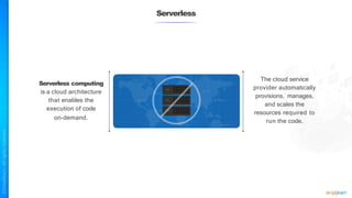 Serverless
The cloud service
provider automatically
provisions, manages,
and scales the
resources required to
run the code.
Serverless computing
is a cloud architecture
that enables the
execution of code
on-demand.
 
