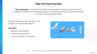 Edge and Fog Computing
Fog computing is a standard that defines the way edge computing should work, and it
enables the operation of computing, storage, and networking services between end devices
and cloud computing data centers.
Data is processed on the edge device, IoT,
endpoint, and embedded devices.
Benefits:
• Real-time data analysis
• Improved response time
• Lower bandwidth consumption
Source: https://www.e-zigurat.com/innovation-school/blog/cloud-edge-fog-computing-practical-applications/
 