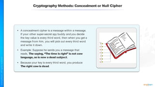 Cryptography Methods: Concealment or Null Cipher
• A concealment cipher is a message within a message.
If your other super-secret spy buddy and you decide
the key value is every third word, then when you get a
message from him, you will pick out every third word
and write it down.
• Example: Suppose he sends you a message that
reads, The saying, “The time is right” is not cow
language, so is now a dead subject.
• Because your key is every third word, you produce
The right cow is dead.
 