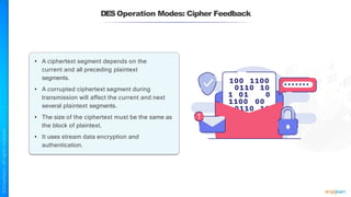 DESOperation Modes: Cipher Feedback
• A ciphertext segment depends on the
current and all preceding plaintext
segments.
• A corrupted ciphertext segment during
transmission will affect the current and next
several plaintext segments.
• The size of the ciphertext must be the same as
the block of plaintext.
• It uses stream data encryption and
authentication.
 