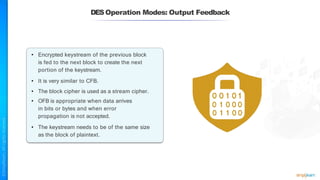 DESOperation Modes: Output Feedback
• Encrypted keystream of the previous block
is fed to the next block to create the next
portion of the keystream.
• It is very similar to CFB.
• The block cipher is used as a stream cipher.
• OFB is appropriate when data arrives
in bits or bytes and when error
propagation is not accepted.
• The keystream needs to be of the same size
as the block of plaintext.
 