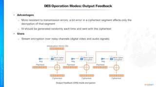 DESOperation Modes: Output Feedback
• Advantages:
o More resistant to transmission errors; a bit error in a ciphertext segment affects only the
decryption of that segment
o IV should be generated randomly each time and sent with the ciphertext
• Uses:
o Stream encryption over noisy channels (digital video and audio signals)
 
