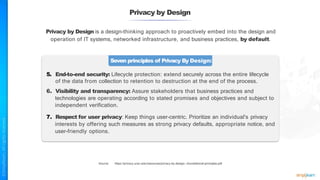 Privacy by Design
Privacy by Design is a design-thinking approach to proactively embed into the design and
operation of IT systems, networked infrastructure, and business practices, by default.
Seven principles of Privacy By Design:
5. End-to-end security: Lifecycle protection: extend securely across the entire lifecycle
of the data from collection to retention to destruction at the end of the process.
6. Visibility and transparency: Assure stakeholders that business practices and
technologies are operating according to stated promises and objectives and subject to
independent verification.
7. Respect for user privacy: Keep things user-centric. Prioritize an individual's privacy
interests by offering such measures as strong privacy defaults, appropriate notice, and
user-friendly options.
Source: https://privacy.ucsc.edu/resources/privacy-by-design---foundational-principles.pdf
 