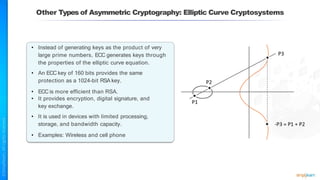 Other Types of Asymmetric Cryptography: Elliptic Curve Cryptosystems
• Instead of generating keys as the product of very
large prime numbers, ECC generates keys through
the properties of the elliptic curve equation.
• An ECC key of 160 bits provides the same
protection as a 1024-bit RSA key.
• ECC is more efficient than RSA.
• It provides encryption, digital signature, and
key exchange.
• It is used in devices with limited processing,
storage, and bandwidth capacity.
• Examples: Wireless and cell phone
 