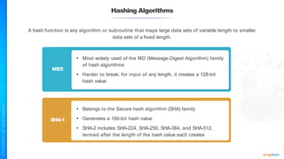 Hashing Algorithms
A hash function is any algorithm or subroutine that maps large data sets of variable length to smaller
data sets of a fixed length.
MD5:
• Most widely used of the MD (Message-Digest Algorithm) family
of hash algorithms
• Harder to break; for input of any length, it creates a 128-bit
hash value
SHA-1:
• Belongs to the Secure hash algorithm (SHA) family
• Generates a 160-bit hash value
• SHA-2 includes SHA-224, SHA-256, SHA-384, and SHA-512,
termed after the length of the hash value each creates
 