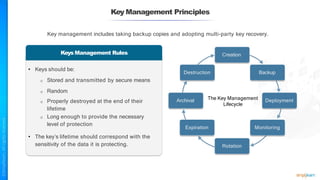 Keys Management Rules
• Keys should be:
o Stored and transmitted by secure means
o Random
o Properly destroyed at the end of their
lifetime
o Long enough to provide the necessary
level of protection
• The key’s lifetime should correspond with the
sensitivity of the data it is protecting.
Key management includes taking backup copies and adopting multi-party key recovery.
Key Management Principles
Creation
Backup
Deployment
Monitoring
Rotation
Expiration
Archival
Destruction
The Key Management
Lifecycle
 