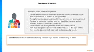 Business Scenario
Important points on key management:
• The value of information encrypted with a key should correspond to the
level of effort taken to protect an encryption key.
• The ciphertext can be compromised if the encryption key is compromised.
• The level of protection required for a key should be the same as that
required for the original unencrypted data.
• The automatic key management is more accurate and secure.
• Keys must be updated continuously and distributed to the right entities.
• Keys need to be generated, recovered, and destroyed properly.
Question: What should be the relationship between key’s lifetime and sensitivity of data?
 