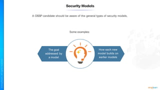 Security Models
Some examples:
A CISSP candidate should be aware of the general types of security models.
How each new
model builds on
earlier models
The goal
addressed by
a model
 