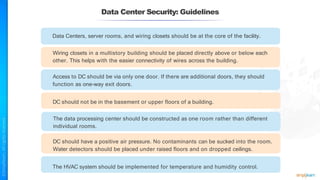 Data Center Security: Guidelines
Data Centers, server rooms, and wiring closets should be at the core of the facility.
Wiring closets in a multistory building should be placed directly above or below each
other. This helps with the easier connectivity of wires across the building.
Access to DC should be via only one door. If there are additional doors, they should
function as one-way exit doors.
DC should not be in the basement or upper floors of a building.
The data processing center should be constructed as one room rather than different
individual rooms.
DC should have a positive air pressure. No contaminants can be sucked into the room.
Water detectors should be placed under raised floors and on dropped ceilings.
The HVAC system should be implemented for temperature and humidity control.
 