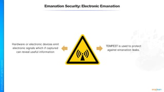 Emanation Security: Electronic Emanation
TEMPEST is used to protect
against emanation leaks.
Hardware or electronic devices emit
electronic signals which if captured
can reveal useful information
 