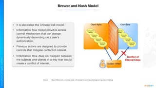 Brewer and Nash Model
• It is also called the Chinese wall model.
• Information flow model provides access
control mechanism that can change
dynamically depending on a user’s
authorization.
• Previous actions are designed to provide
controls that mitigate conflict of interest.
• Information flow does not happen between
the subjects and objects in a way that would
create a conflict of interest.
Source: https://infosectests.com/cissp-study-references/domain-3-security-engineering-and-architecting/
 