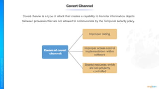 Covert Channel
Covert channel is a type of attack that creates a capability to transfer information objects
between processes that are not allowed to communicate by the computer security policy.
Shared resources which
are not properly
controlled
Improper access control
implementation within
software
Improper coding
Causes of covert
channel:
 