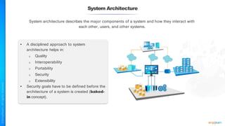 System Architecture
System architecture describes the major components of a system and how they interact with
each other, users, and other systems.
• A disciplined approach to system
architecture helps in:
o Quality
o Interoperability
o Portability
o Security
o Extensibility
• Security goals have to be defined before the
architecture of a system is created (baked-
in concept).
 