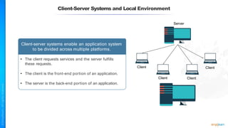 Client-Server Systems and Local Environment
Server
Client
Client Client
Client
Client-server systems enable an application system
to be divided across multiple platforms.
• The client requests services and the server fulfills
these requests.
• The client is the front-end portion of an application.
• The server is the back-end portion of an application.
 