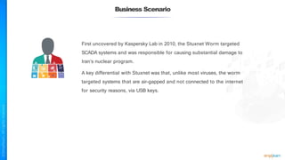 Business Scenario
First uncovered by Kaspersky Lab in 2010, the Stuxnet Worm targeted
SCADA systems and was responsible for causing substantial damage to
Iran’s nuclear program.
A key differential with Stuxnet was that, unlike most viruses, the worm
targeted systems that are air-gapped and not connected to the internet
for security reasons, via USB keys.
 