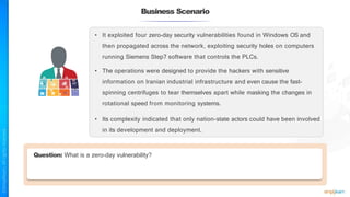 Business Scenario
• It exploited four zero-day security vulnerabilities found in Windows OS and
then propagated across the network, exploiting security holes on computers
running Siemens Step7 software that controls the PLCs.
• The operations were designed to provide the hackers with sensitive
information on Iranian industrial infrastructure and even cause the fast-
spinning centrifuges to tear themselves apart while masking the changes in
rotational speed from monitoring systems.
• Its complexity indicated that only nation-state actors could have been involved
in its development and deployment.
Question: What is a zero-day vulnerability?
 