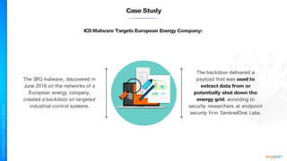 Case Study
ICS Malware Targets European Energy Company:
The SFG malware, discovered in
June 2016 on the networks of a
European energy company,
created a backdoor on targeted
industrial control systems.
The backdoor delivered a
payload that was used to
extract data from or
potentially shut down the
energy grid, according to
security researchers at endpoint
security firm SentinelOne Labs.
 