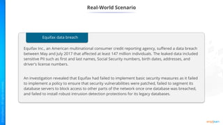 Real-World Scenario
Equifax data breach
Equifax Inc., an American multinational consumer credit reporting agency, suffered a data breach
between May and July 2017 that affected at least 147 million individuals. The leaked data included
sensitive PII such as first and last names, Social Security numbers, birth dates, addresses, and
driver's license numbers.
An investigation revealed that Equifax had failed to implement basic security measures as it failed
to implement a policy to ensure that security vulnerabilities were patched, failed to segment its
database servers to block access to other parts of the network once one database was breached,
and failed to install robust intrusion detection protections for its legacy databases.
 