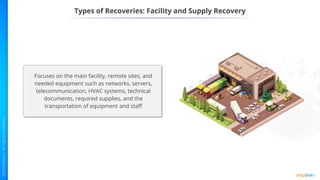 Types of Recoveries: Facility and Supply Recovery
Focuses on the main facility, remote sites, and
needed equipment such as networks, servers,
telecommunication, HVAC systems, technical
documents, required supplies, and the
transportation of equipment and staff
 